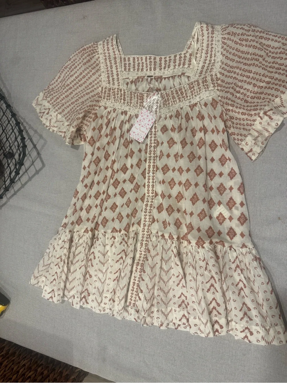 Free People Cream and Rust Diamond Print Mini Dress